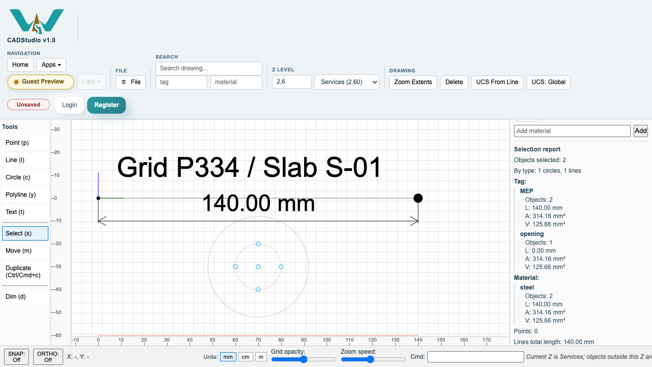 CADStudio drawing filtered to the Services Z level