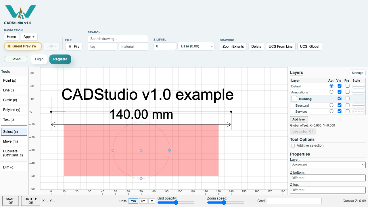 CADStudio drawing canvas with created objects and selection report