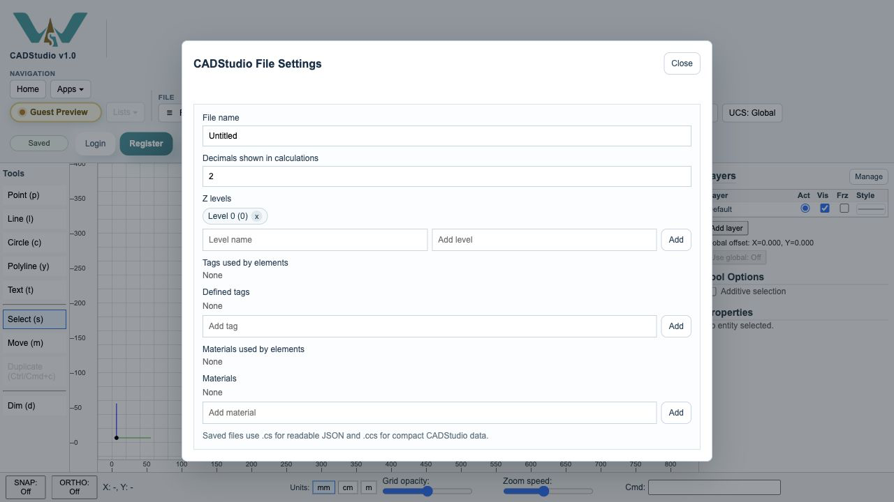 CADStudio File Settings dialog