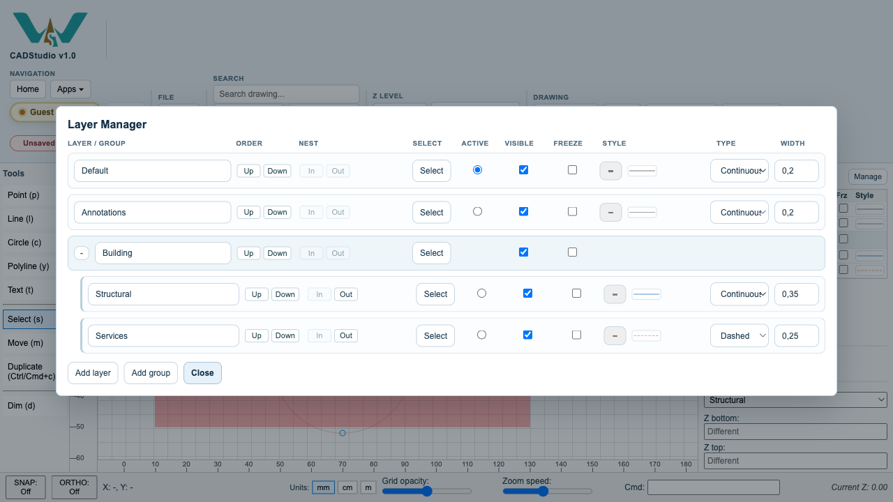 CADStudio layer groups with nested layers in the right toolbar