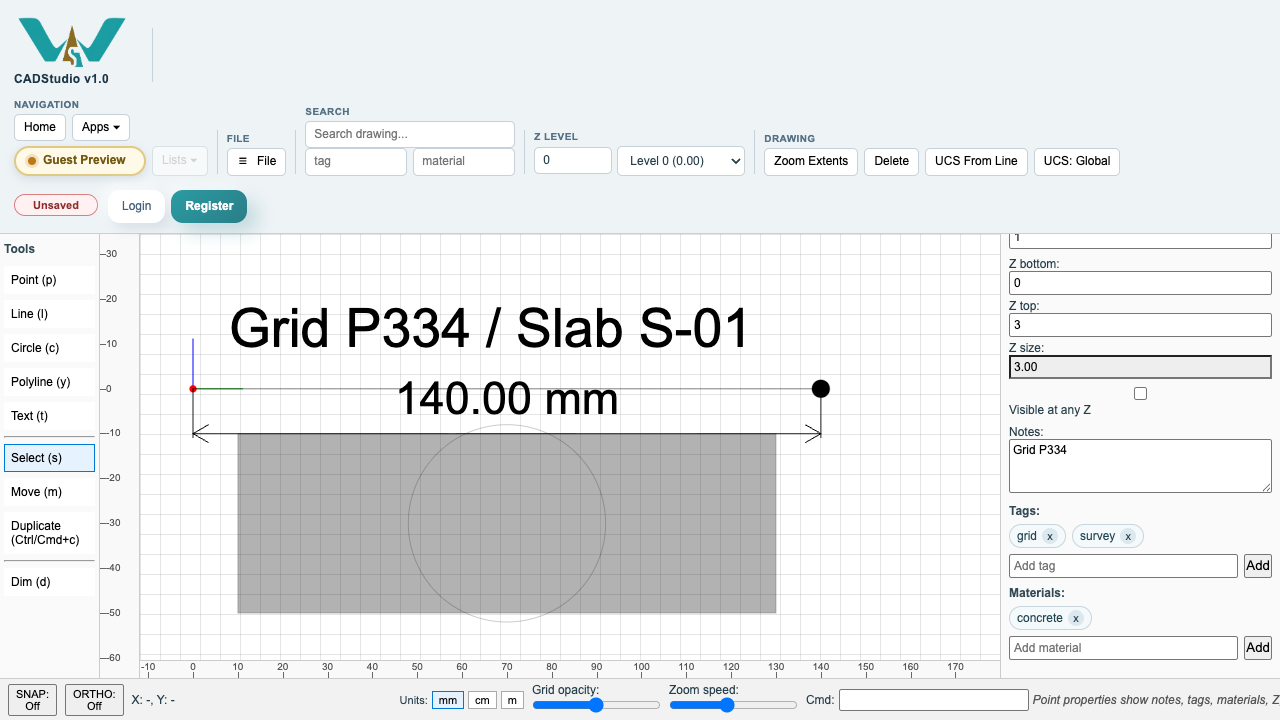 CADStudio point properties with notes tags materials and Z values