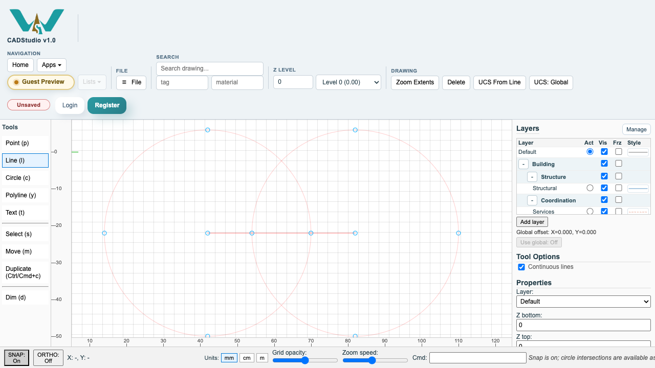 CADStudio snap reference with intersecting circles