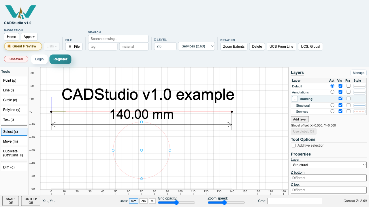 CADStudio top toolbar with Z level, tag filter, and material filter controls