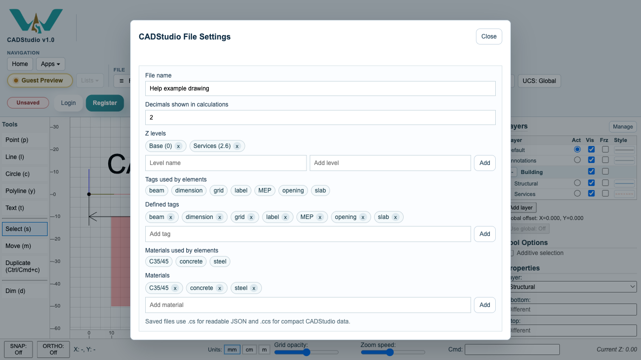 CADStudio File Settings showing tags, materials, and named Z levels