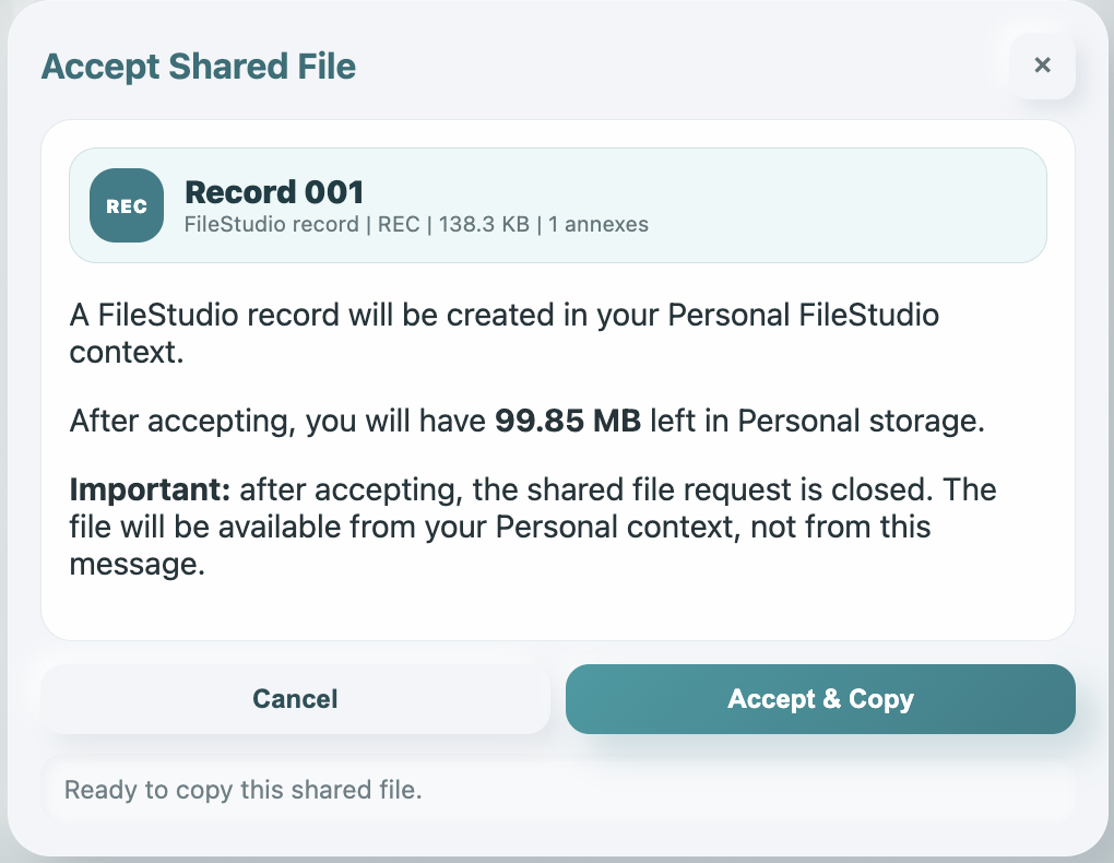 Accept Shared File modal showing remaining storage after copy.