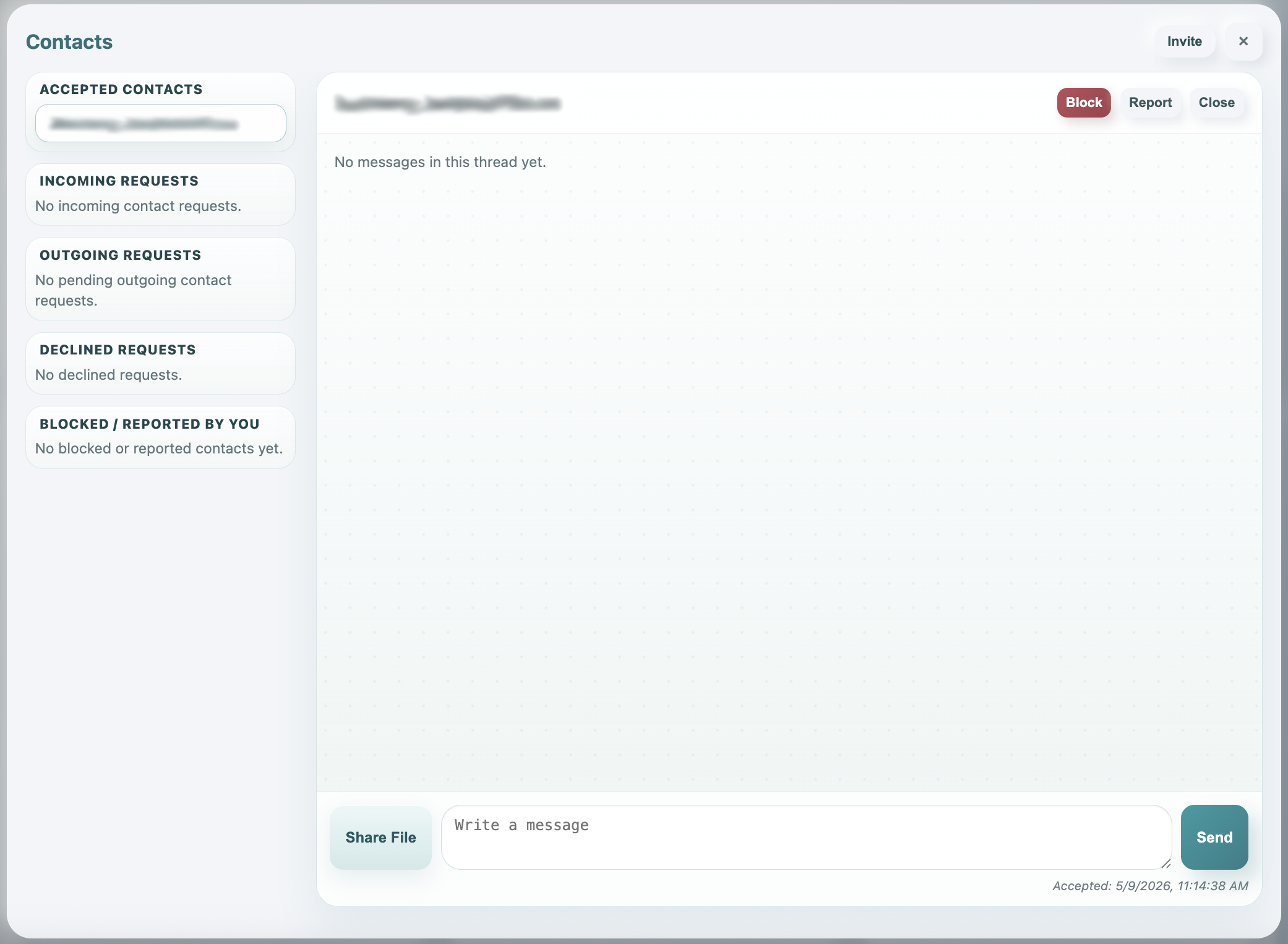 Accepted contact thread with no messages yet and a composer at the bottom.