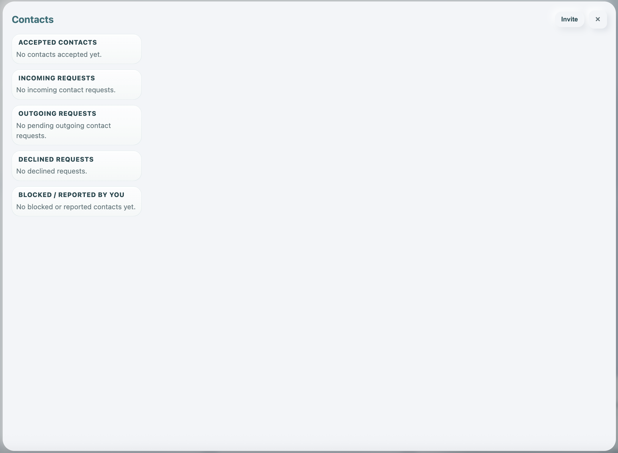 Contacts window with empty contact sections.
