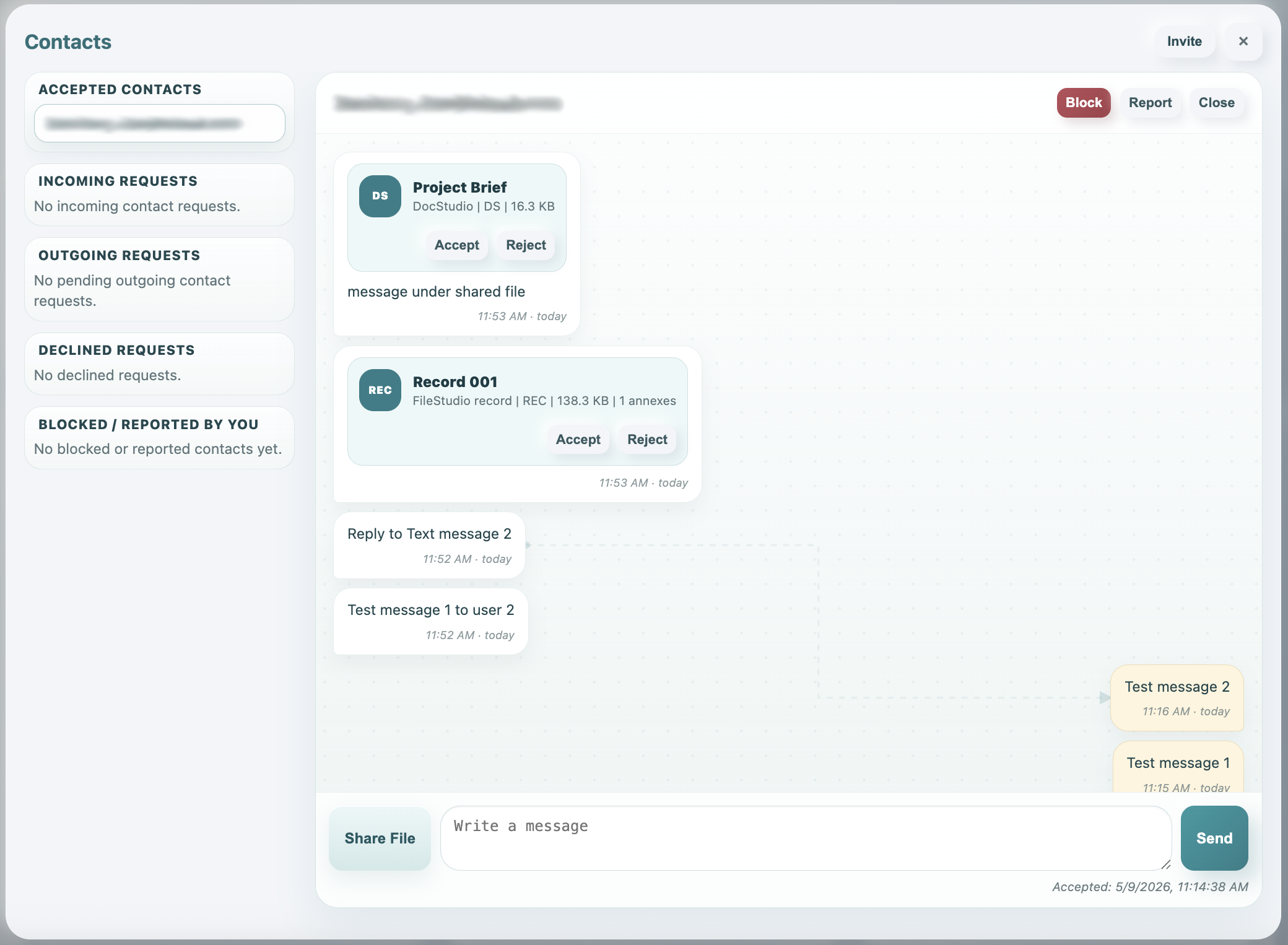 Pending shared file and record bubbles with Accept and Reject buttons.