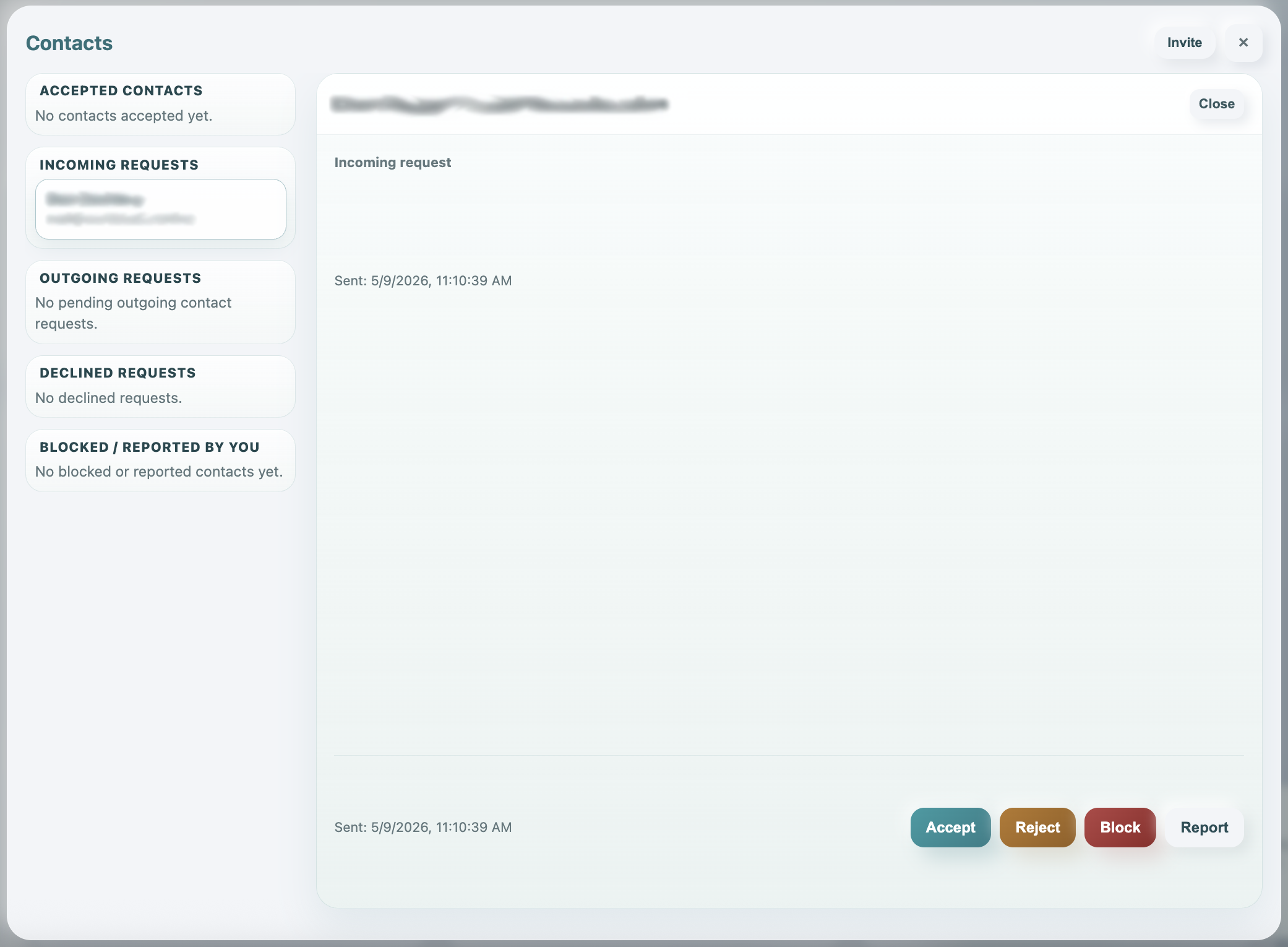 Incoming contact request with Accept, Reject, Block, and Report buttons.