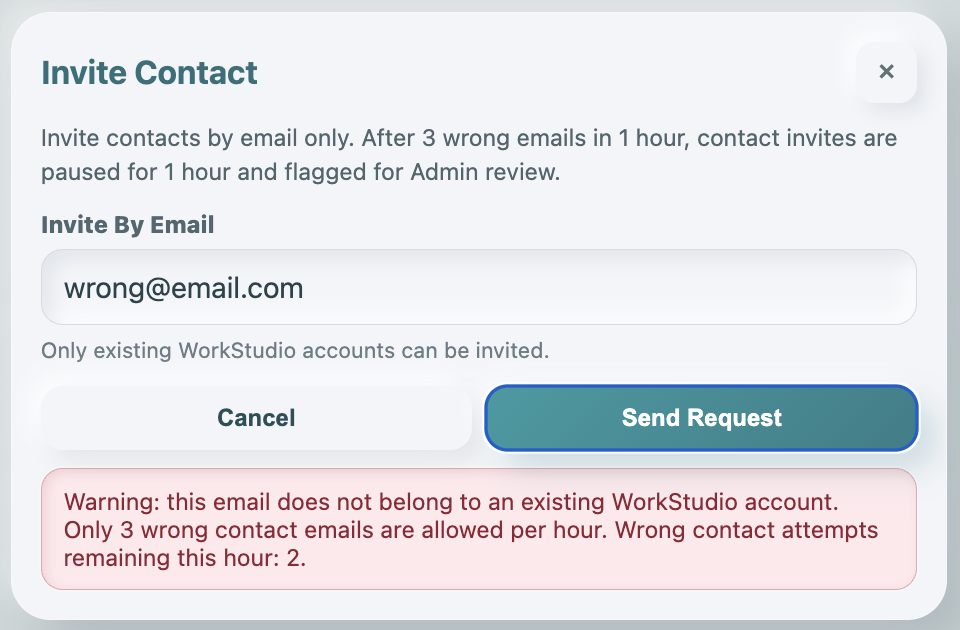 Invite Contact modal showing a wrong email warning.