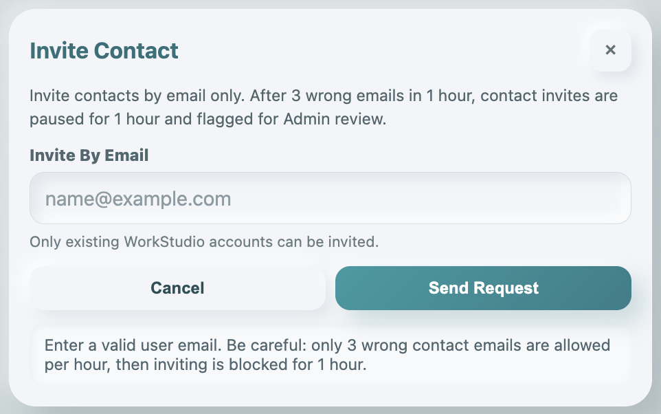 Invite Contact modal ready for an email address.