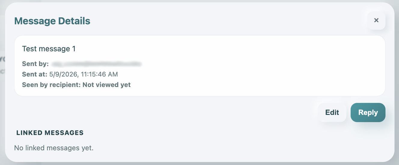Message Details modal showing message metadata and linked messages area.