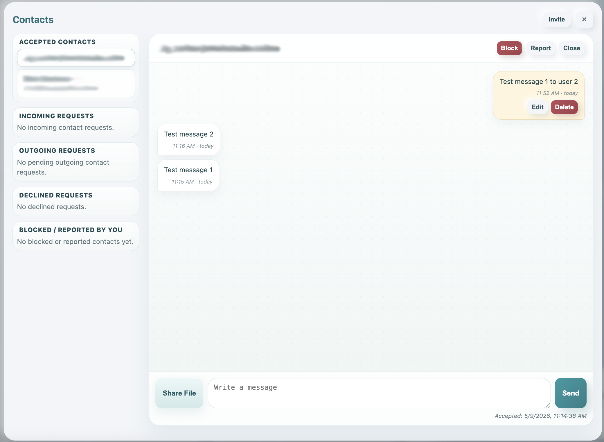 Message thread with incoming and outgoing message bubbles.