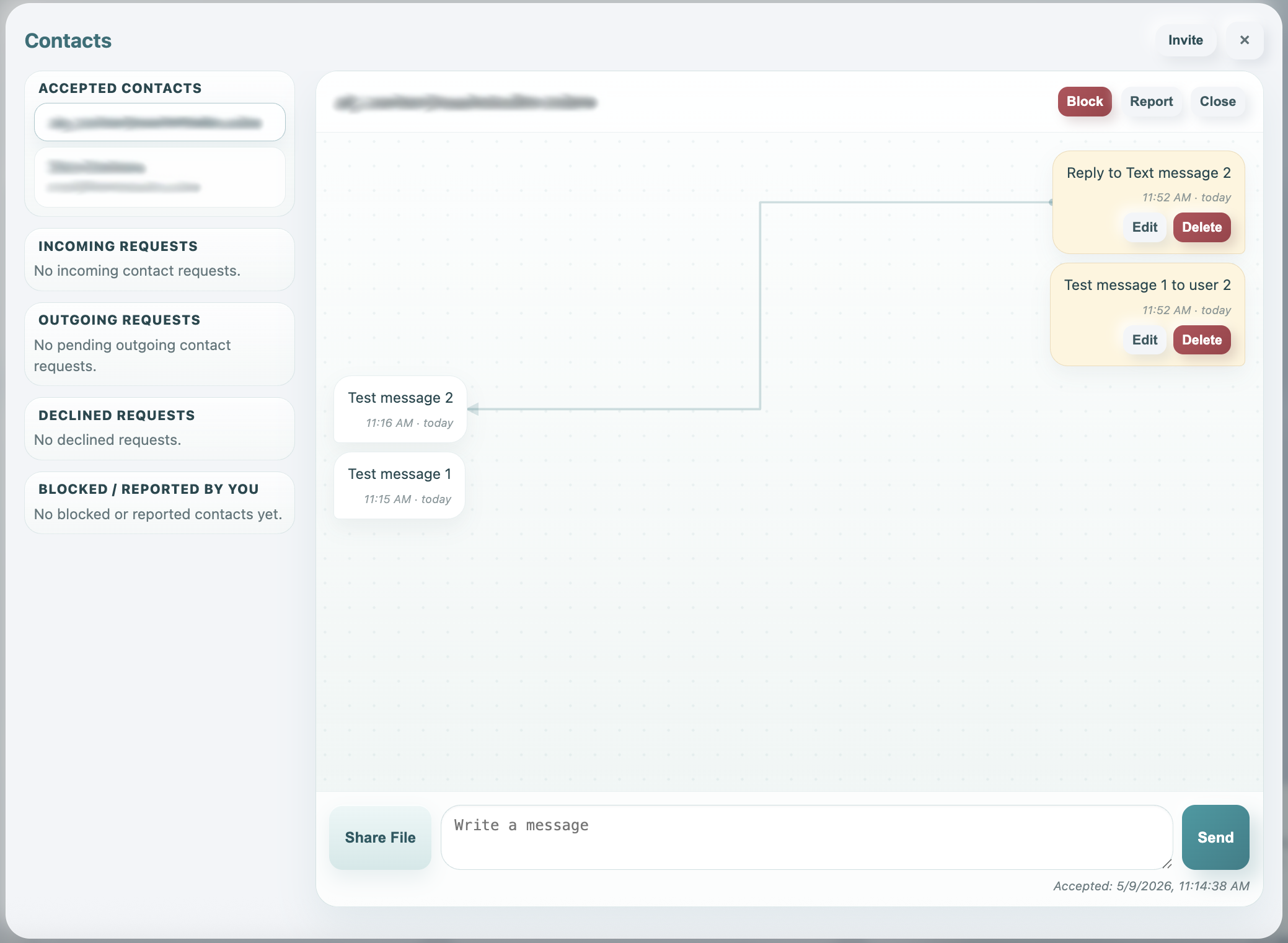 Message thread with a reply line connecting related messages.