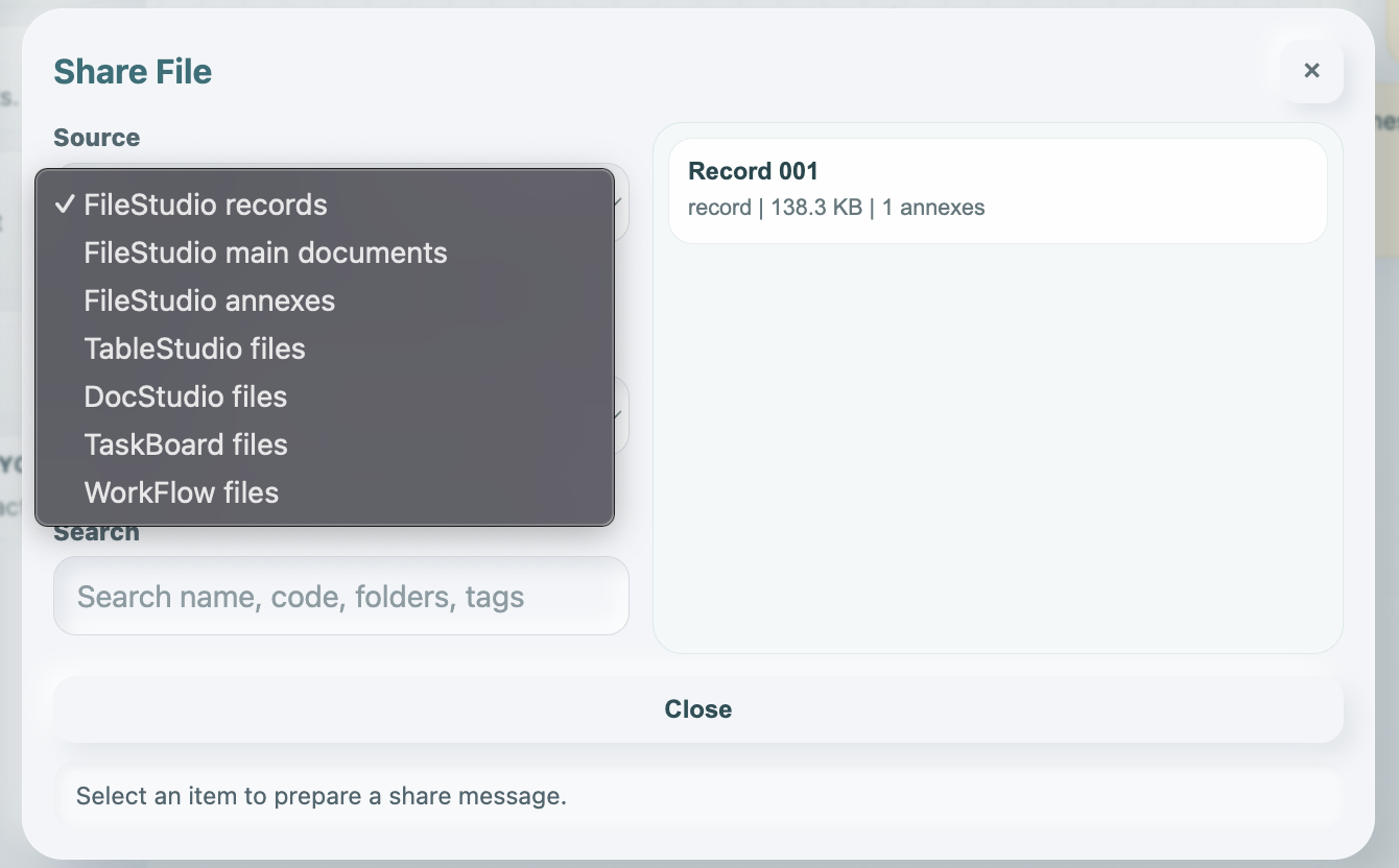 Share File modal with available share sources.