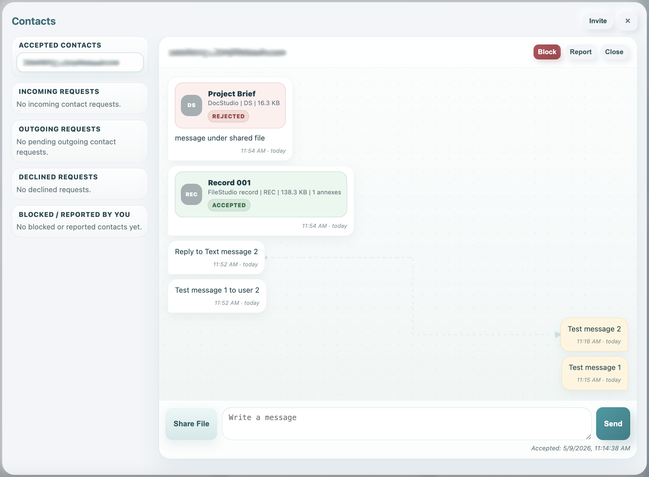 Message thread showing accepted and rejected shared item states.