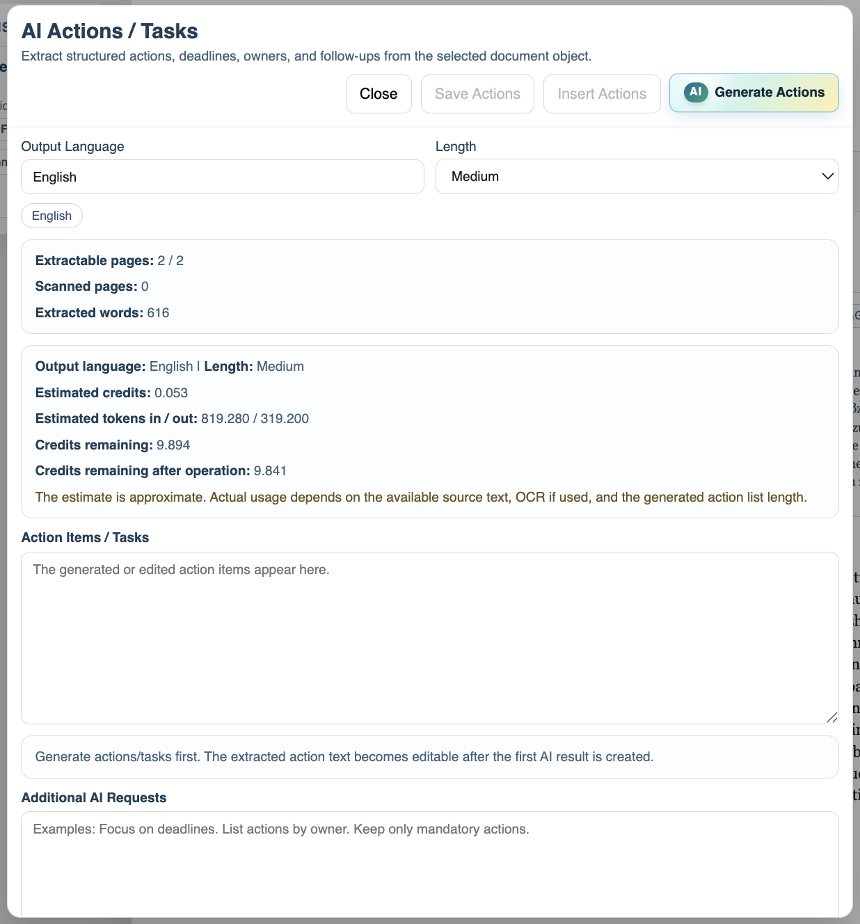 AI Actions and Tasks modal in DocStudio.