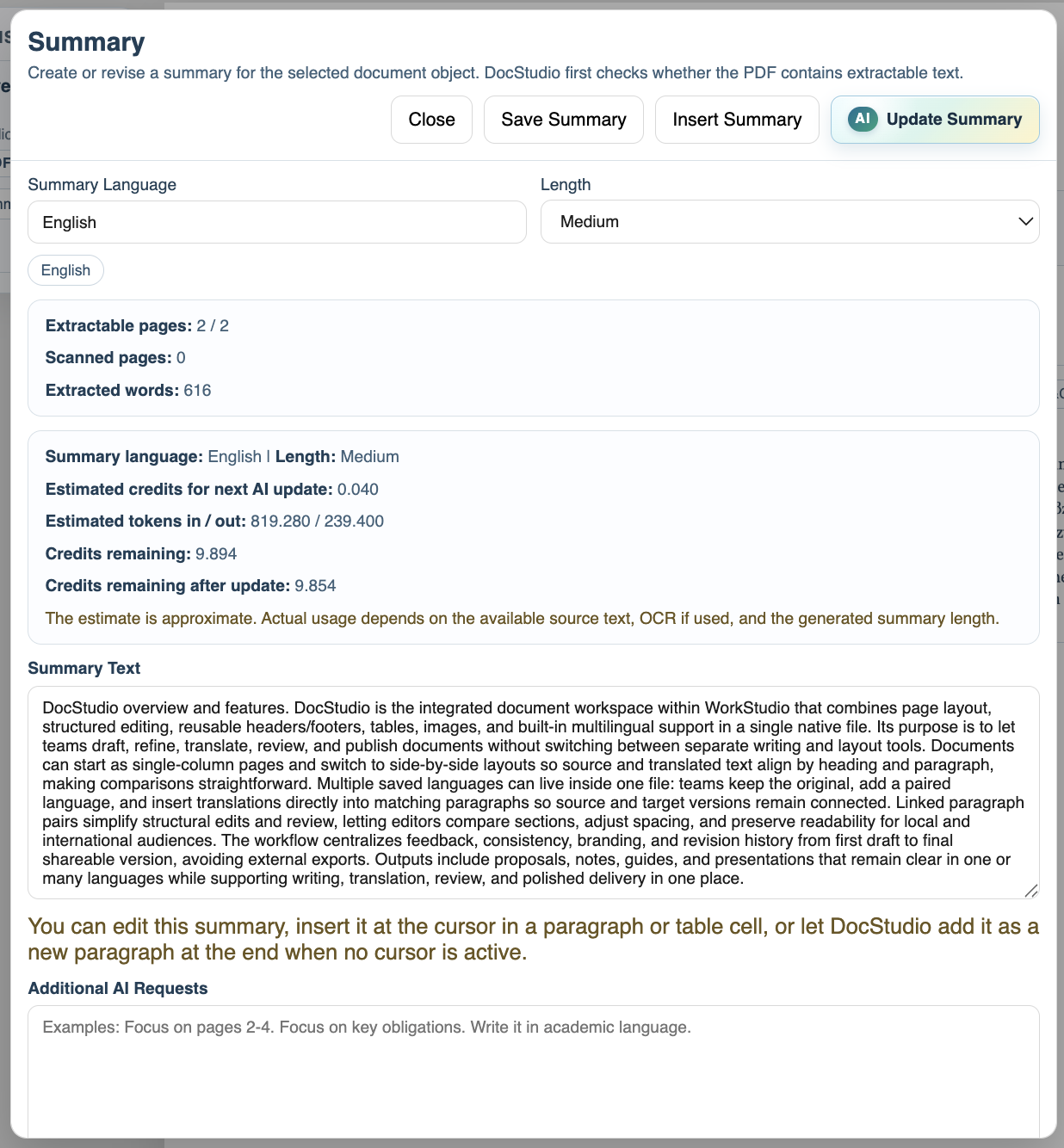 AI Summary modal with generated summary text.