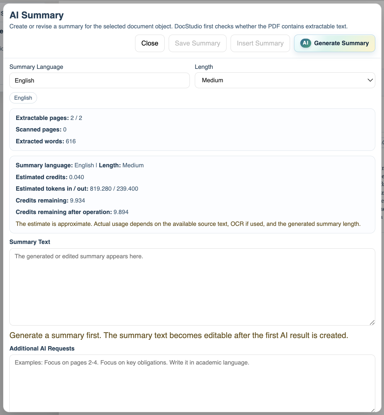 AI Summary modal before summary generation.