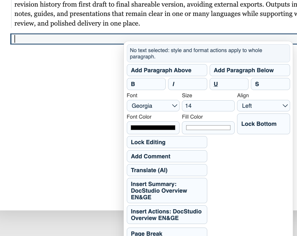 Context menu with Insert Summary and Insert Actions commands.