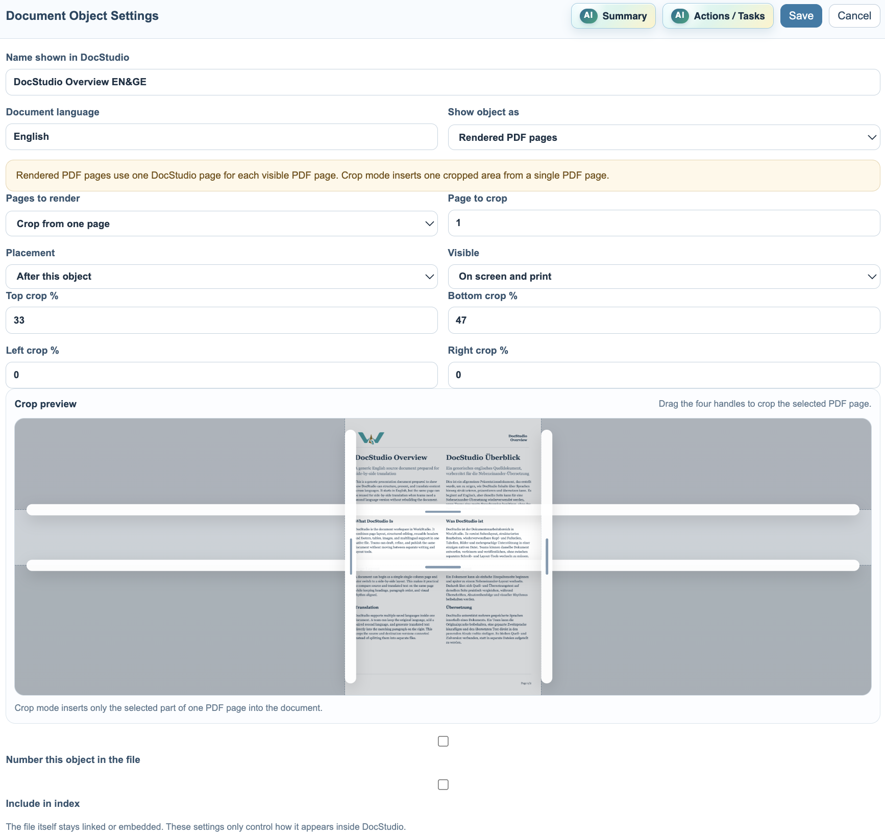 Document Object Settings crop preview with handles.