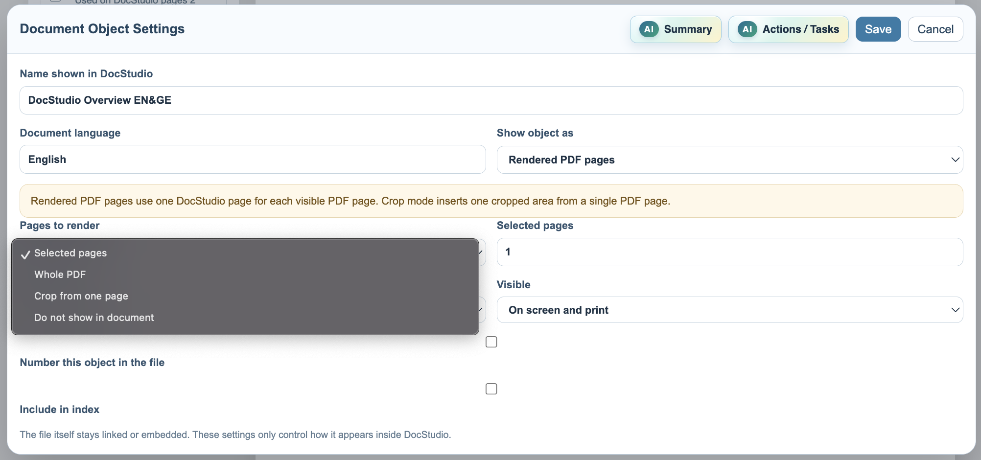 Pages to render menu opened in Document Object Settings.