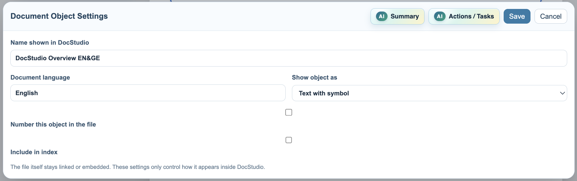 DocStudio Document Object Settings modal.