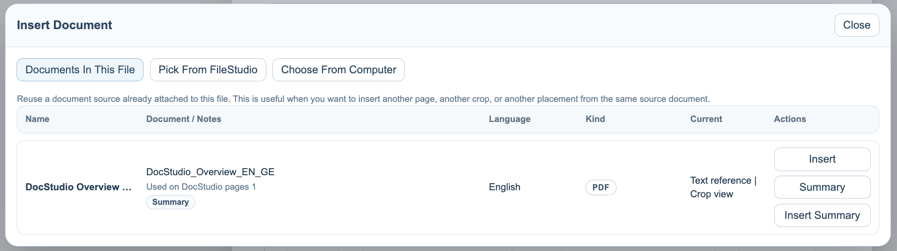 Documents In This File tab in the Insert Document modal.