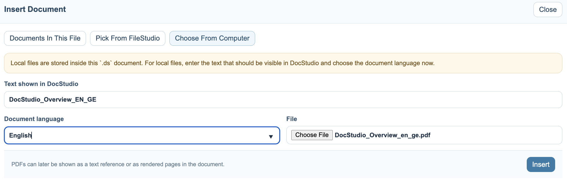 DocStudio Insert Document modal with source tabs.