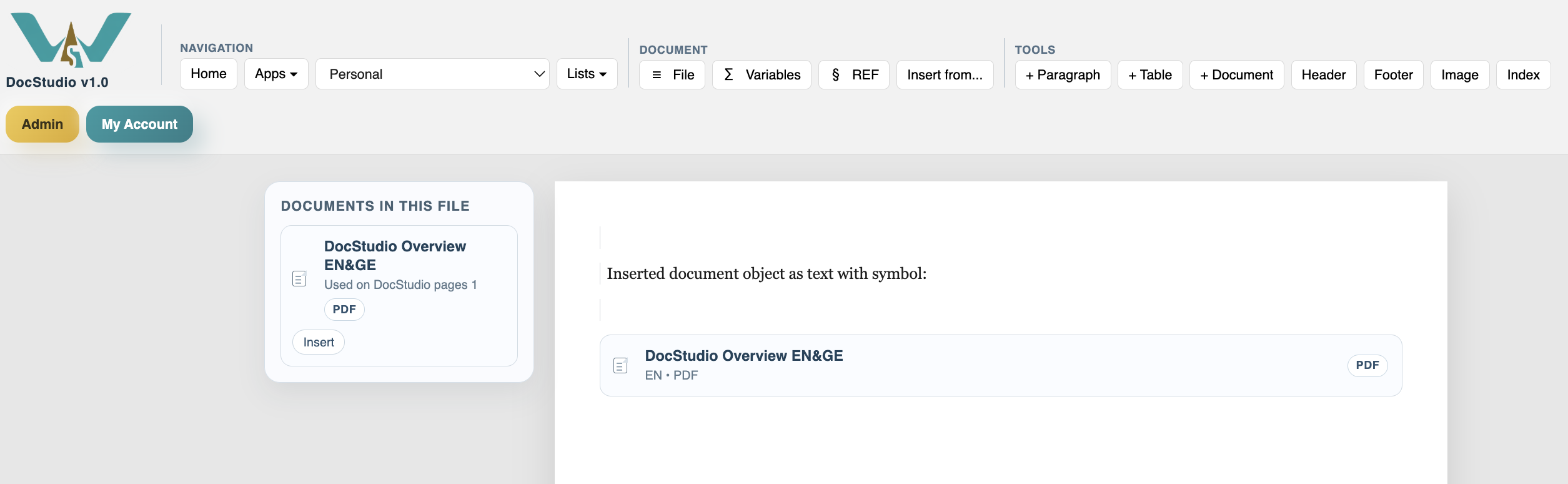 Inserted document reference with the Documents In This File pane.