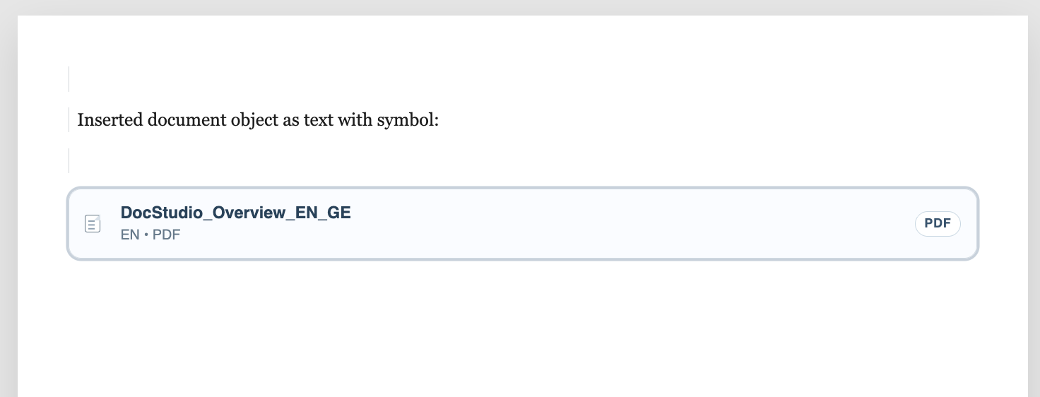 DocStudio page with an inserted document object shown as text.