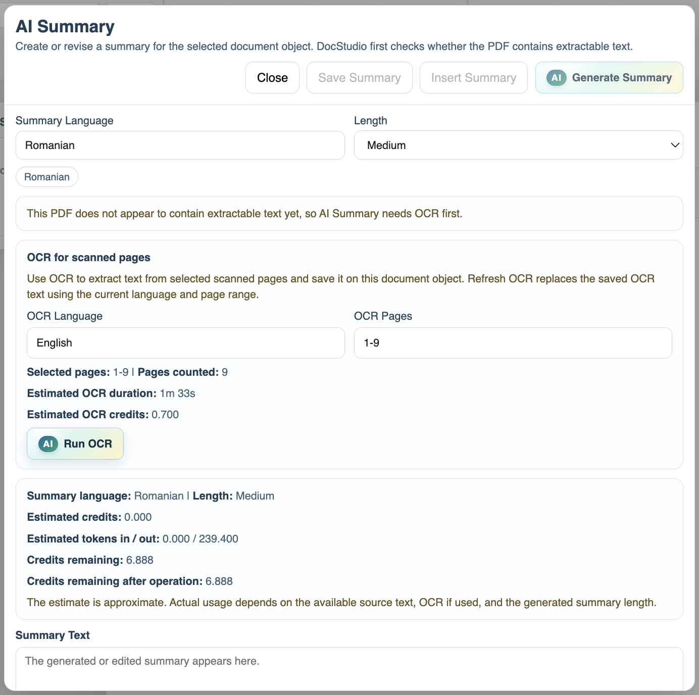 AI Summary modal showing the Run OCR action for a scanned PDF.