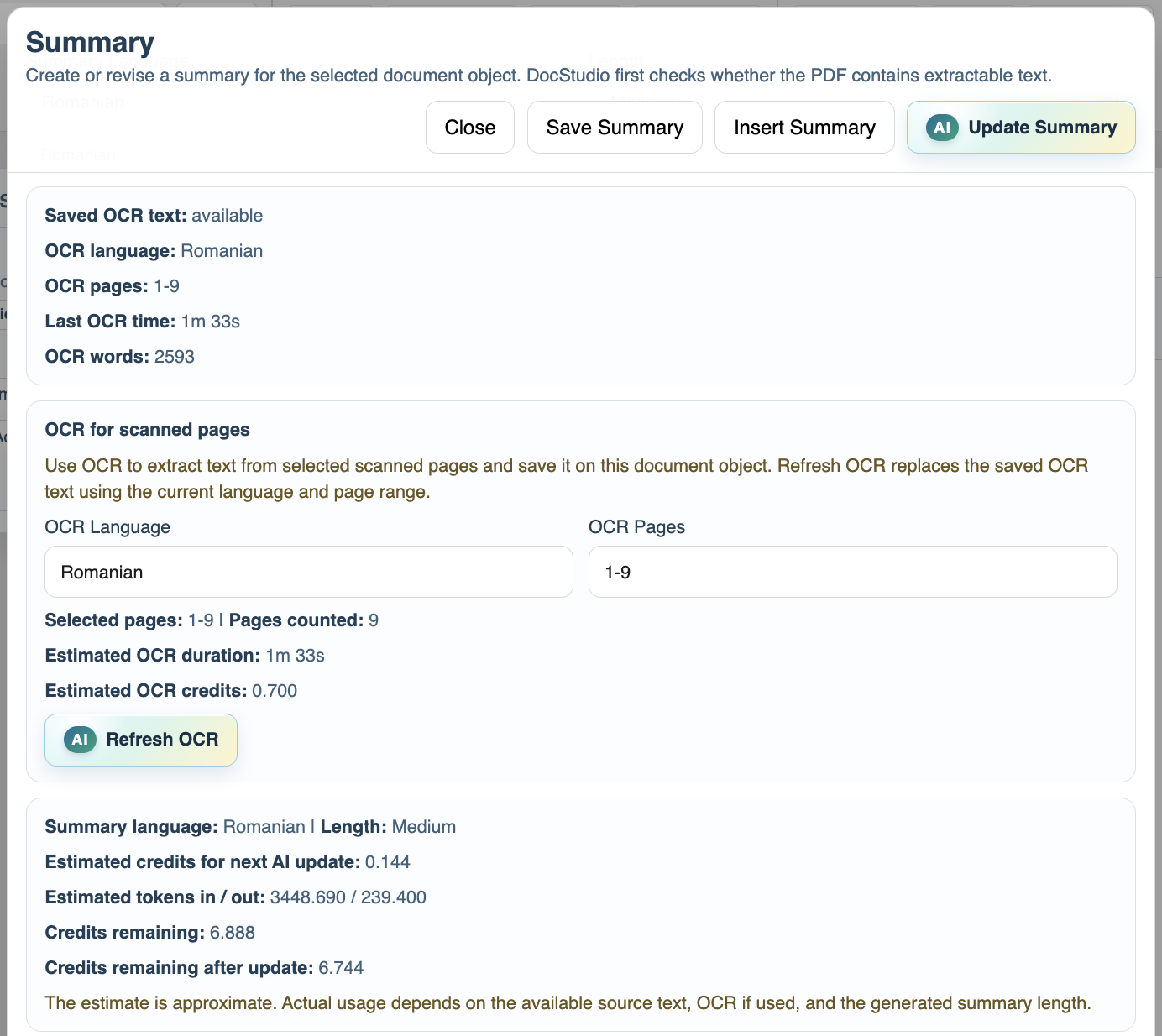 AI Summary modal showing the Refresh OCR action.