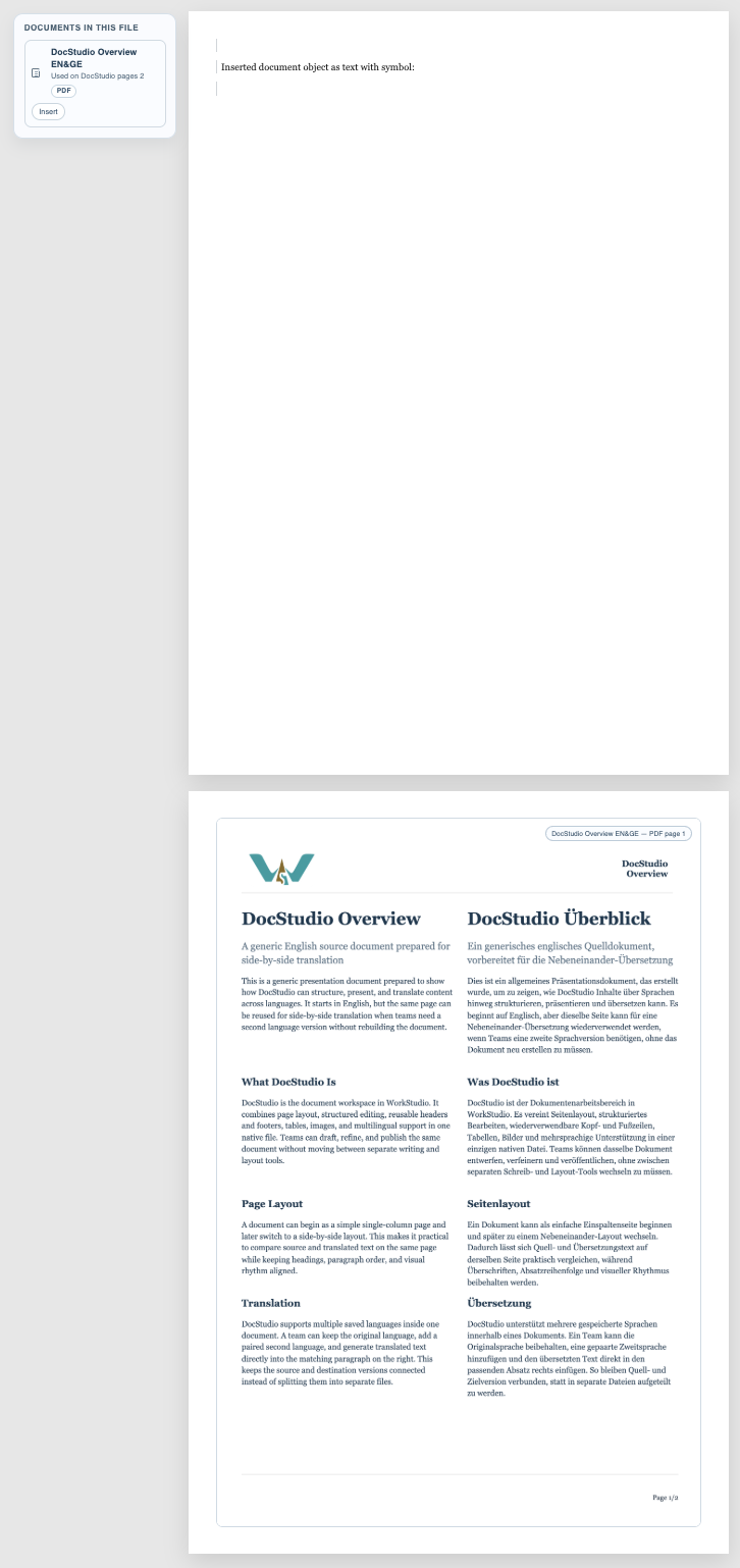 PDF page rendered after a document object in DocStudio.