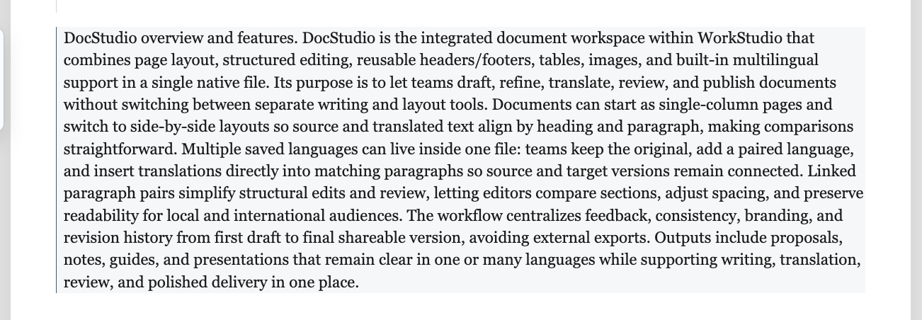 Summary text inserted into a DocStudio document.