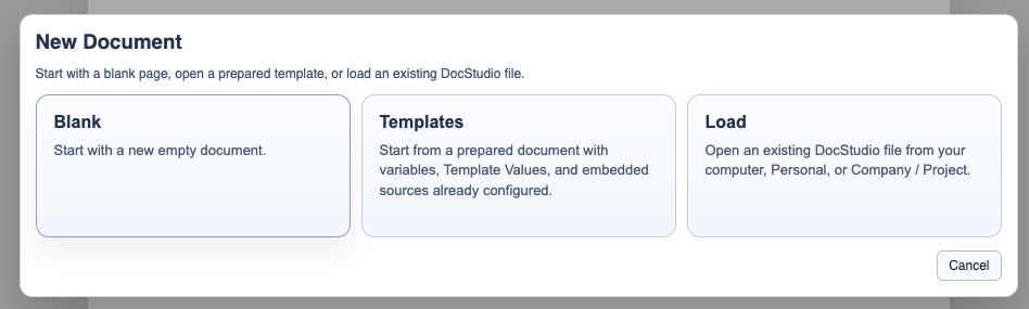 DocStudio new document window with Blank, Templates, and Load.