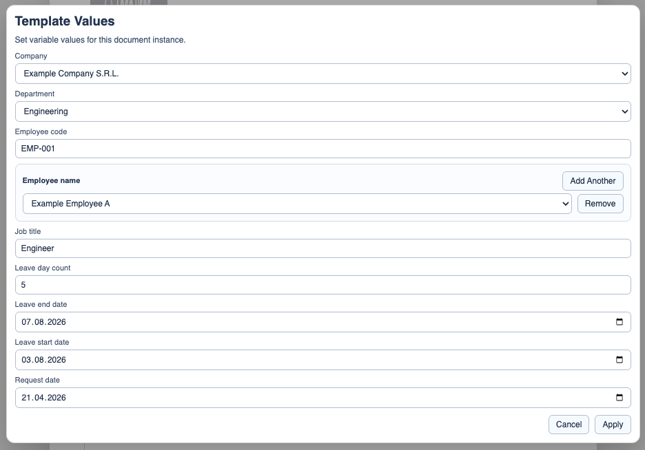 DocStudio Template Values window filled for one annual leave request.
