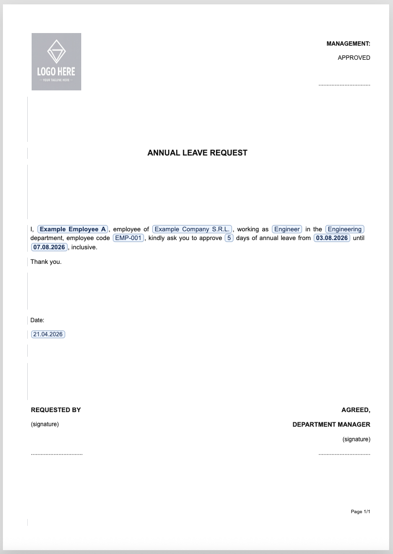 Generated annual leave request open in DocStudio for review and editing.