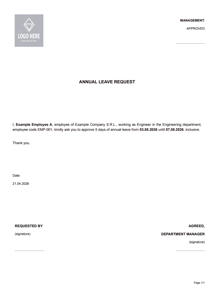 Annual leave request in a print-style final state.