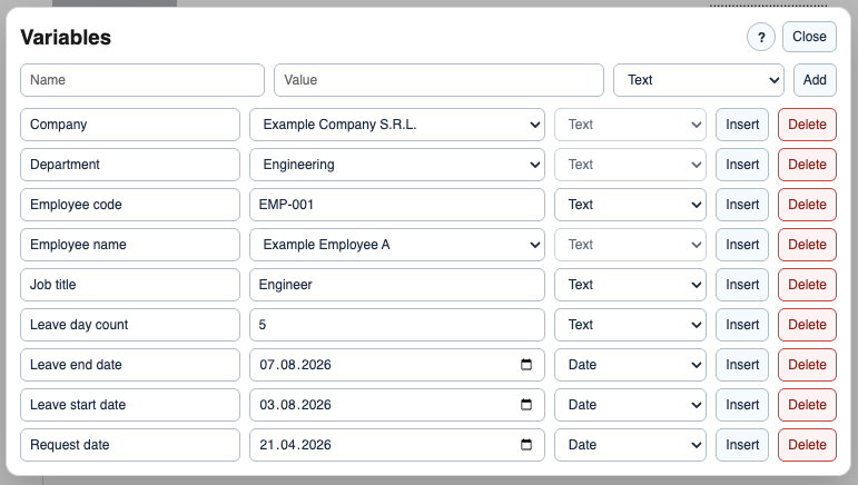 DocStudio Variables window with editable template fields.
