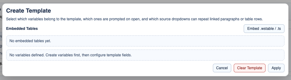 DocStudio Create Template window at the start of template configuration.