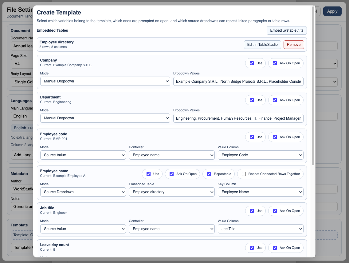 Completed DocStudio Create Template window with variable mappings configured.