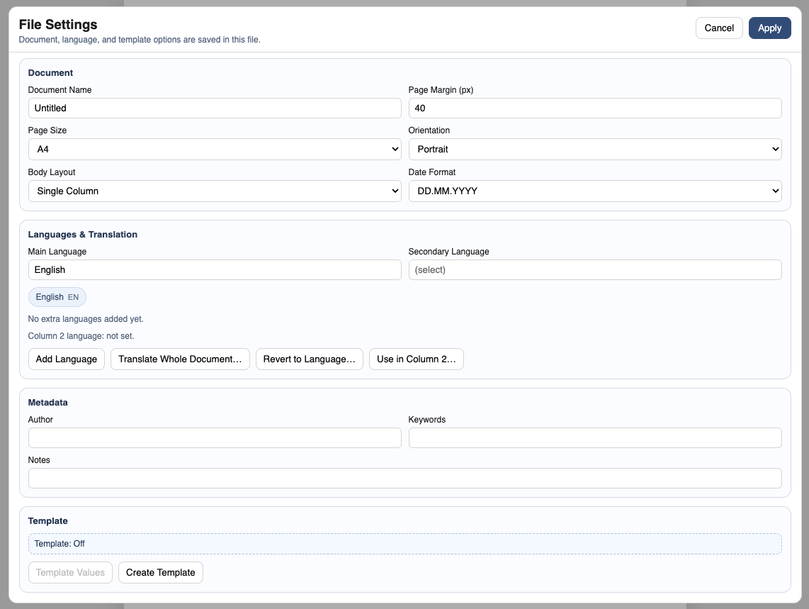 DocStudio File Settings window with the Template section visible.