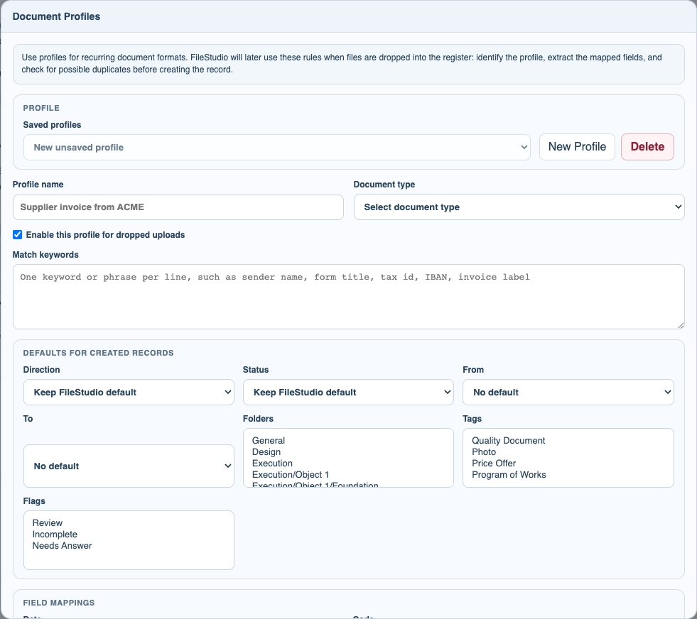 FileStudio Document Profiles modal.