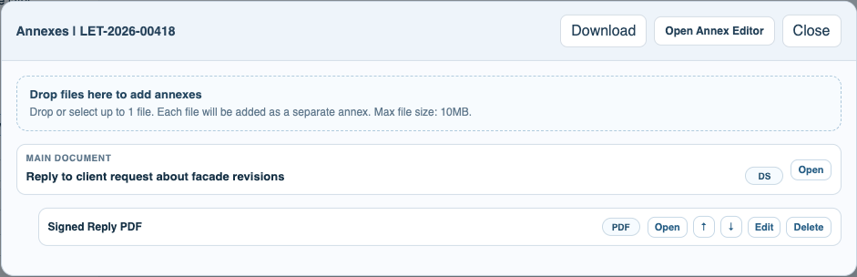 FileStudio Annexes modal with drop zone.