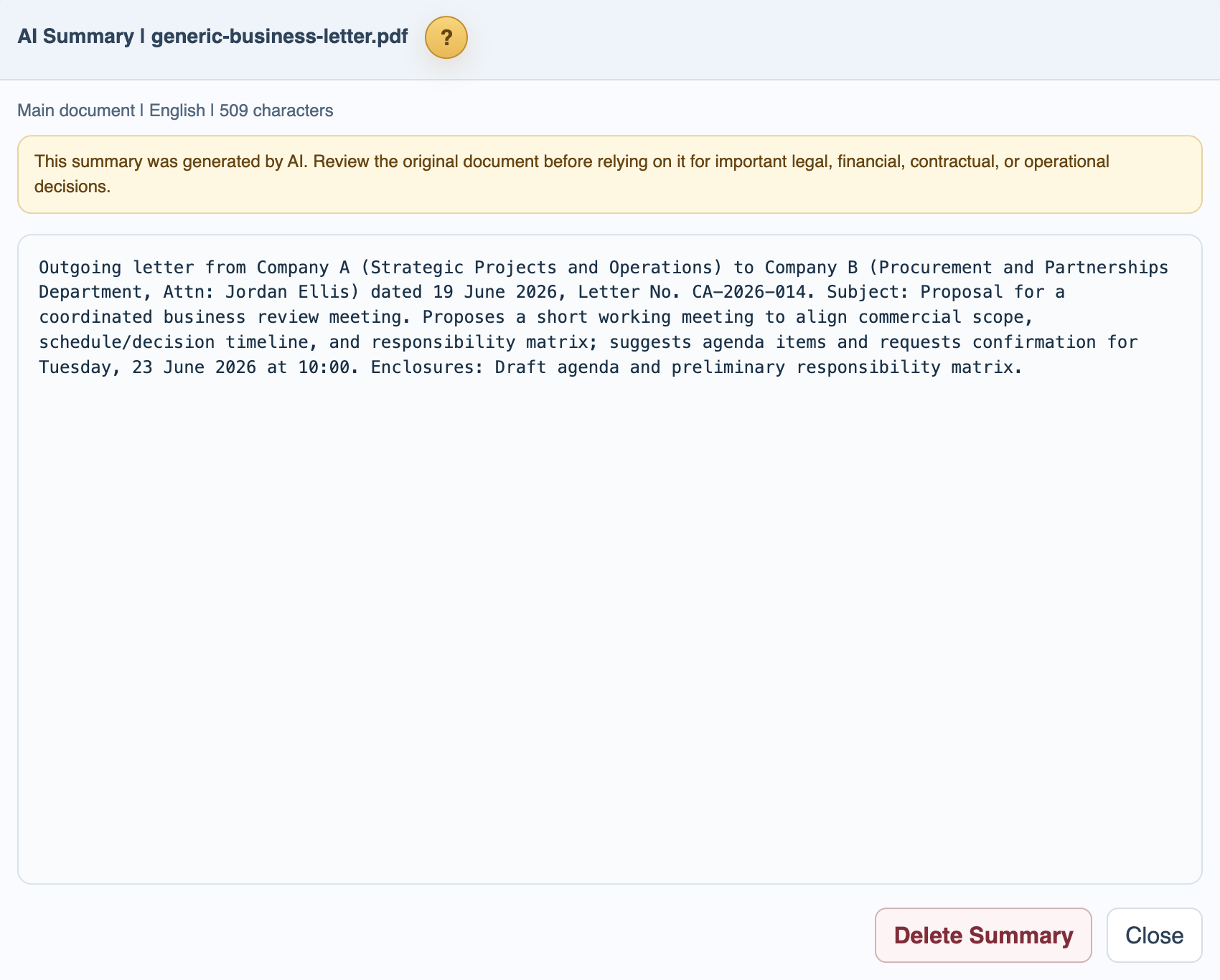 FileStudio AI Summary modal with AI-generated content disclaimer