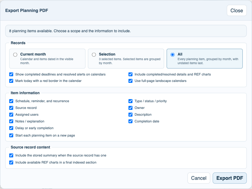 FileStudio Planning PDF export options
