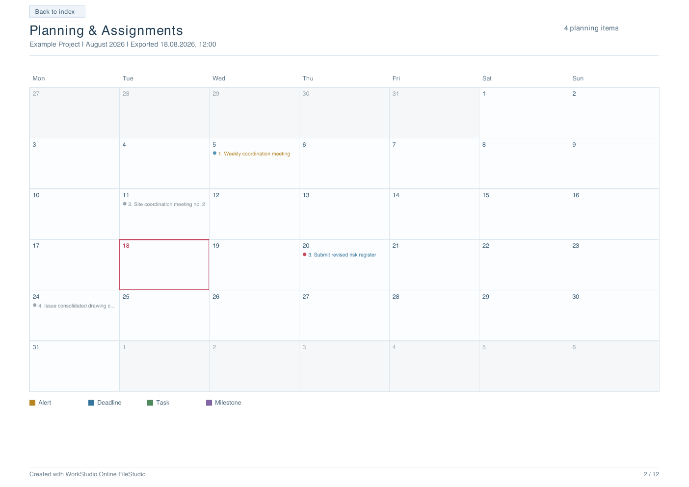 Landscape Planning PDF calendar with linked numbered items