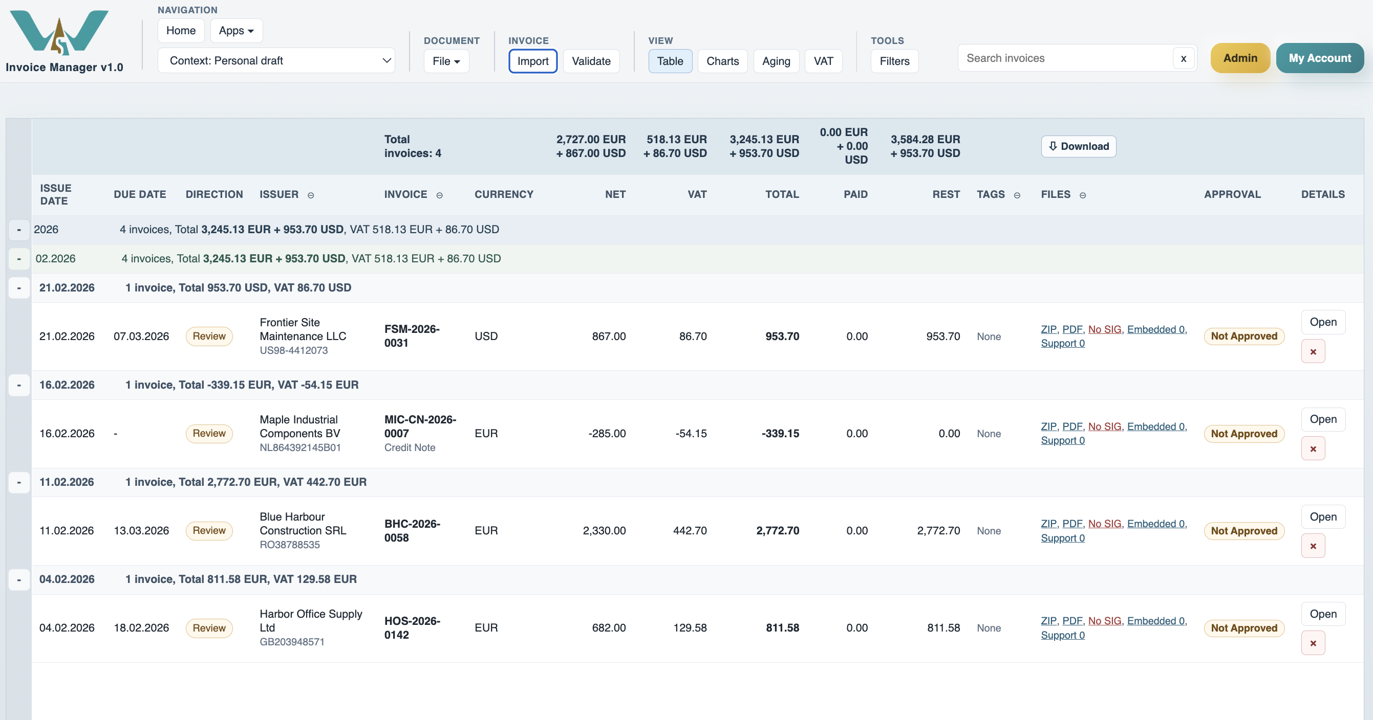 Invoice Manager register with imported invoices and grouped totals.