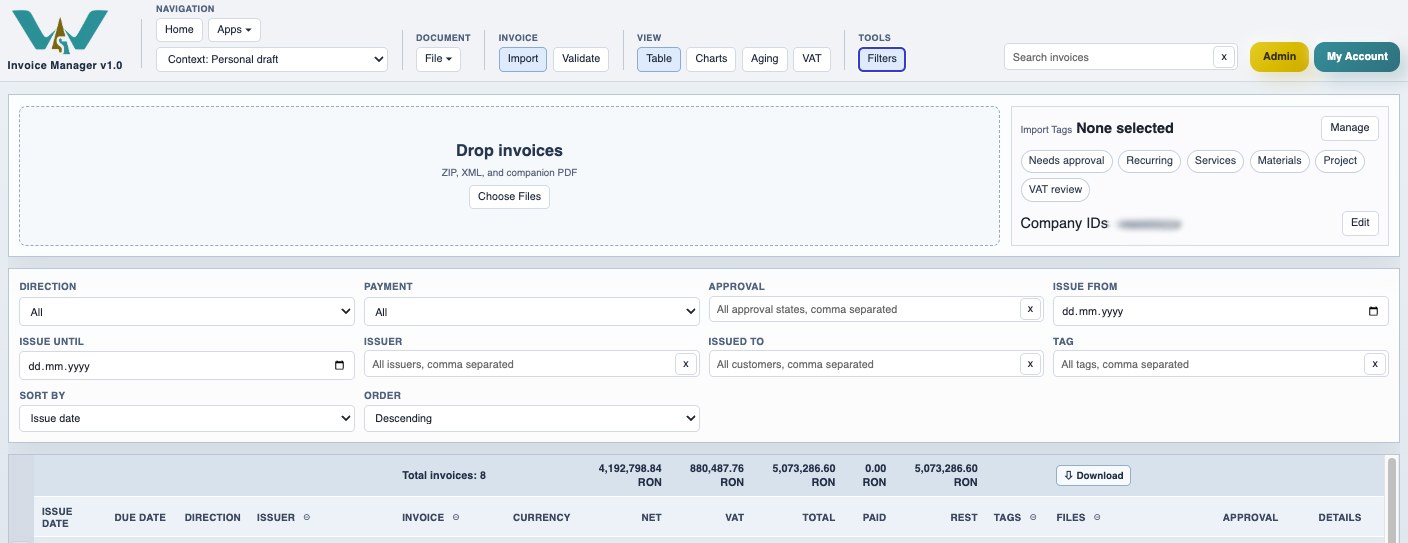Invoice Manager filters panel open.